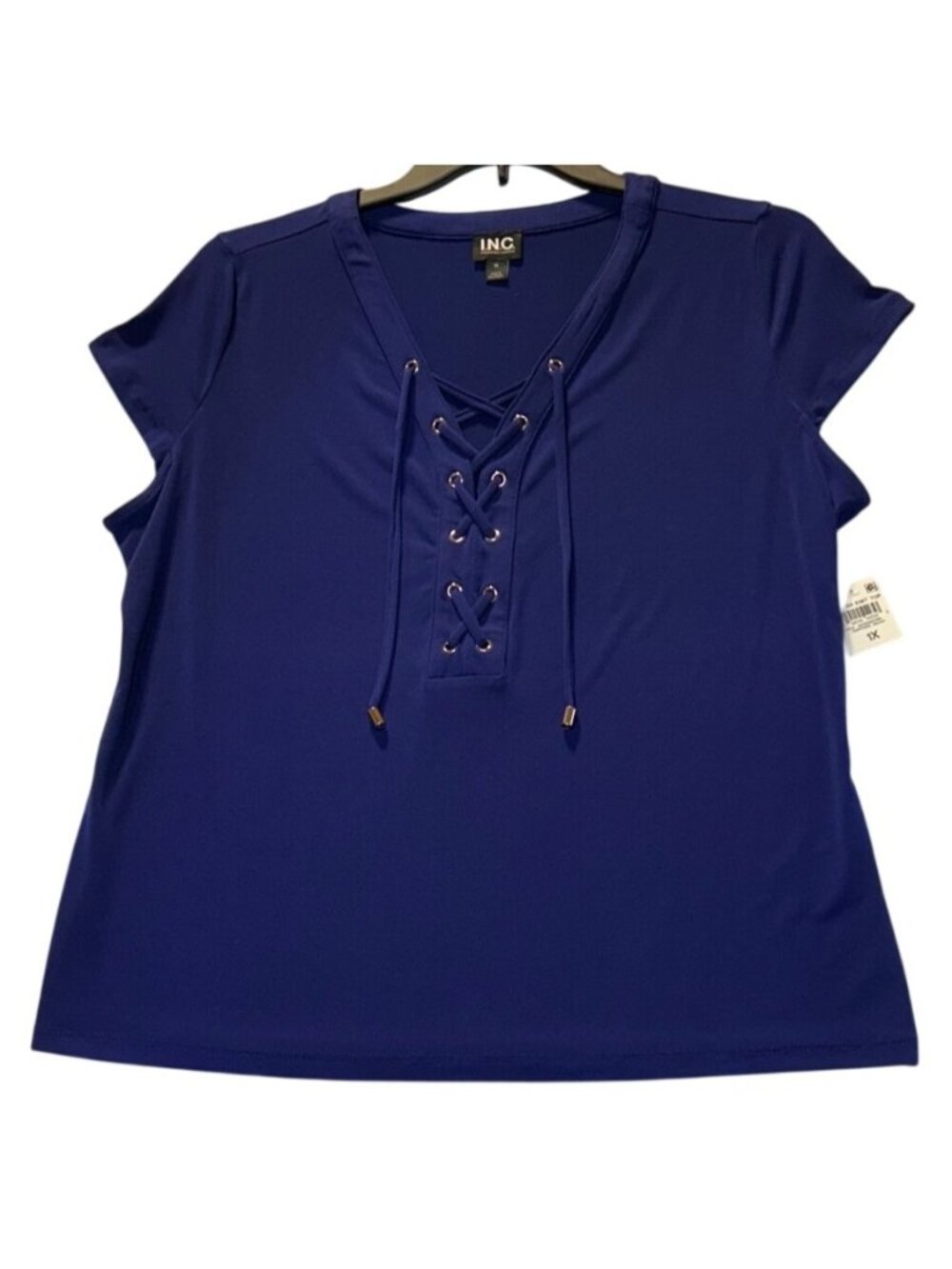 I.N.C. Womens Size 1X Short-Sleeve Sapphire Crush Knit Top Lace-Up Detail